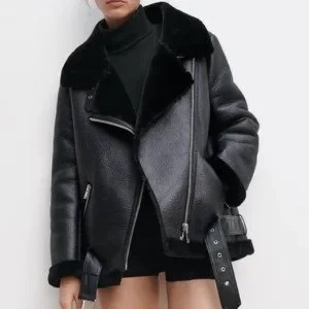 Zara Black Leather Shearling Jacket
